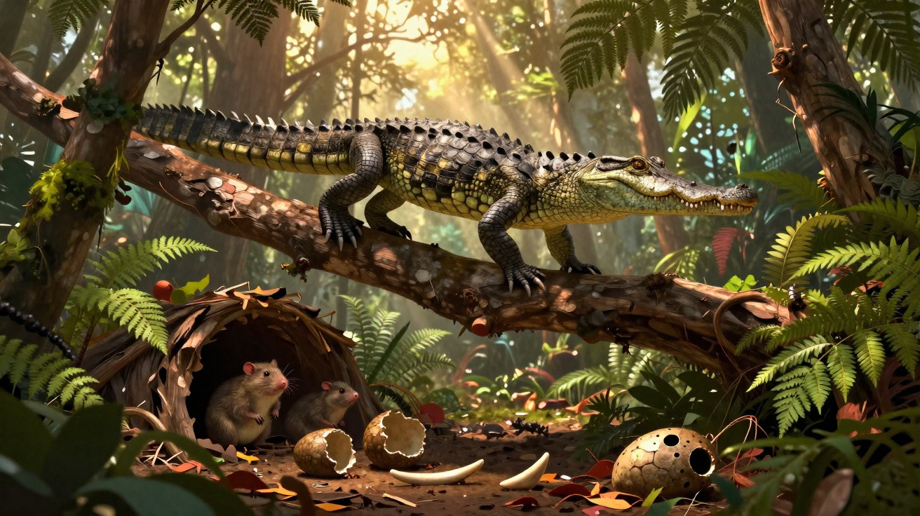Crocodilo em tronco caído numa floresta iluminada, com dois ratos e ovos partidos no chão.