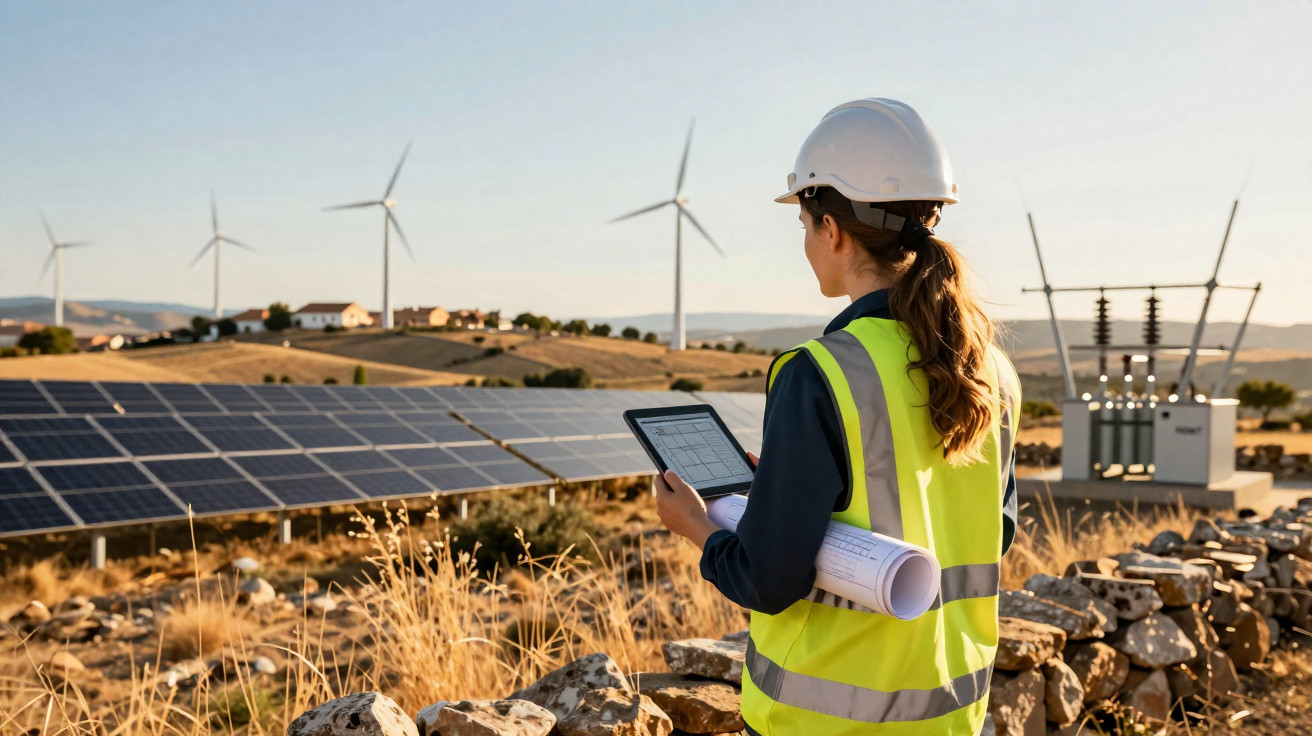 Engenheira com capacete e colete analisa painel solar e turbinas eólicas num campo aberto ao pôr do sol.