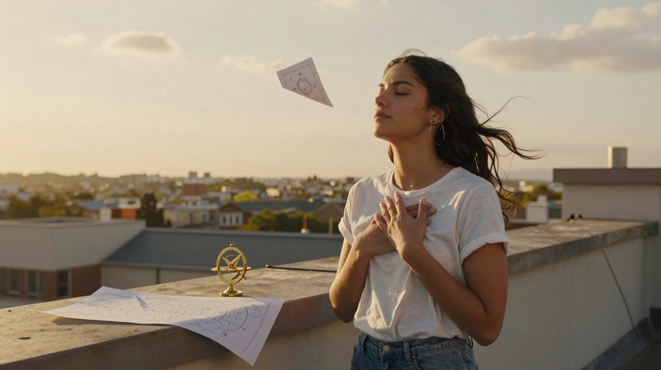 Jovem de olhos fechados, com mãos no peito, no terraço ao pôr do sol, com papéis e astrolábio na parede.