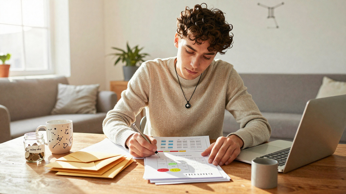 Jovem sentado à mesa a analisar gráficos e a escrever, com laptop e objetos variados à sua volta.