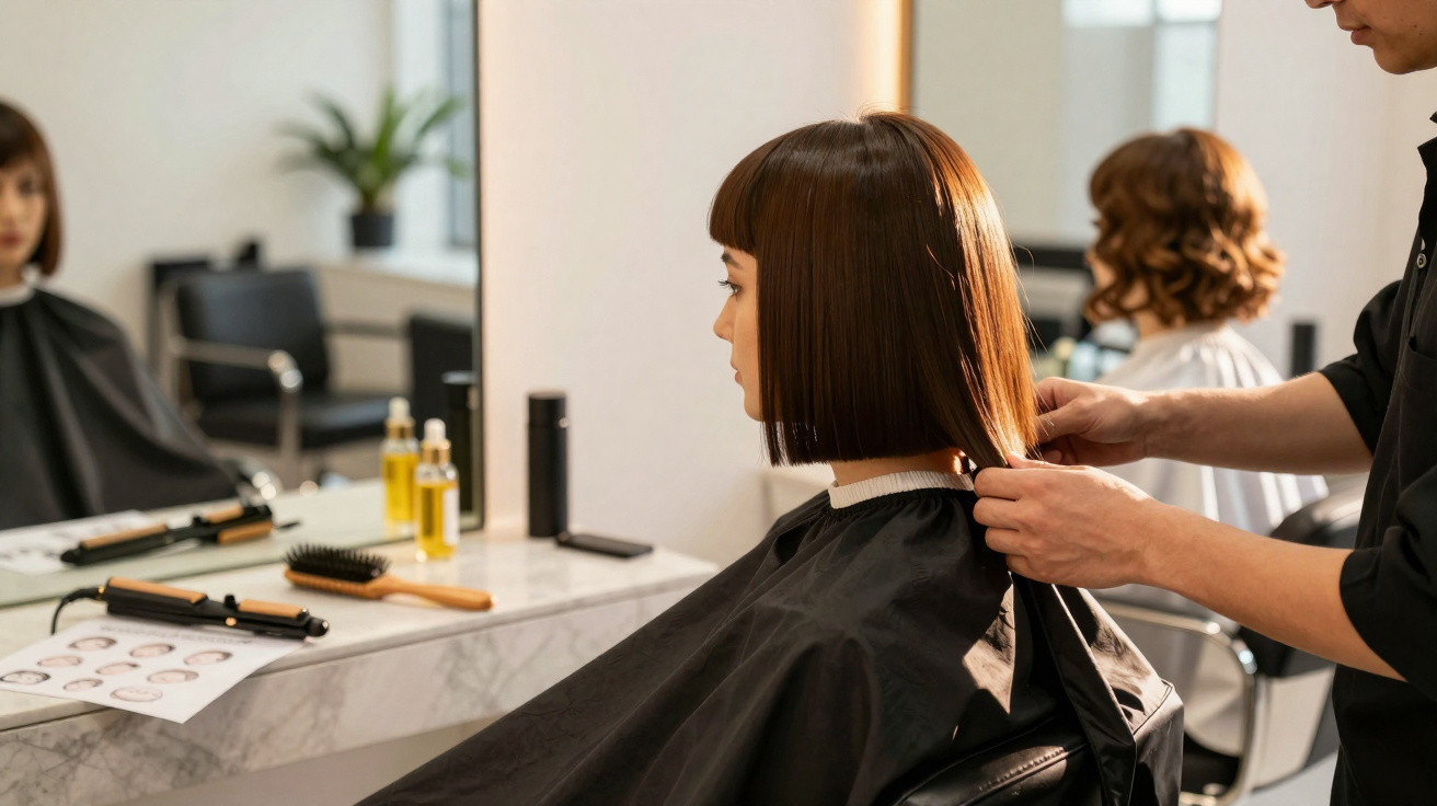 Mulher com capa de cabeleireiro sentada ao espelho enquanto cabeleireiro lhe arruma o cabelo castanho liso.