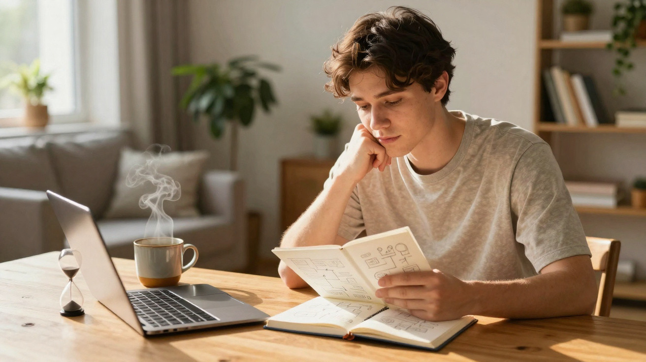 Jovem concentrado a ler um livro, sentado à mesa com computador portátil e chá quente numa sala acolhedora.
