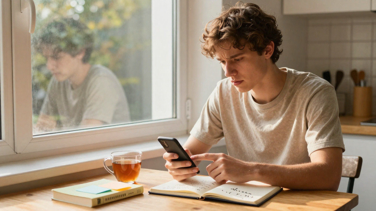 Jovem sentado à mesa a estudar com caderno aberto e a usar um smartphone, com chá ao lado.