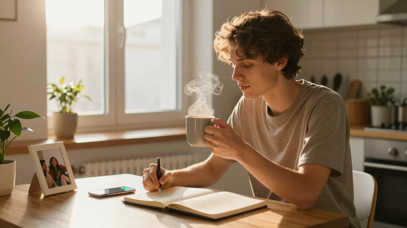 Jovem sentado a escrever num caderno enquanto bebe uma bebida quente numa cozinha iluminada pelo sol.