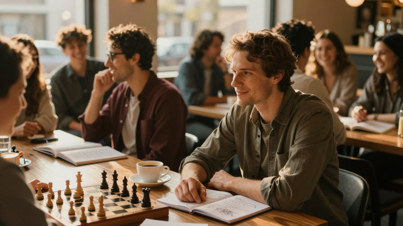 Jovens sentados à mesa num café, a jogar xadrez e a conversar enquanto estudam.