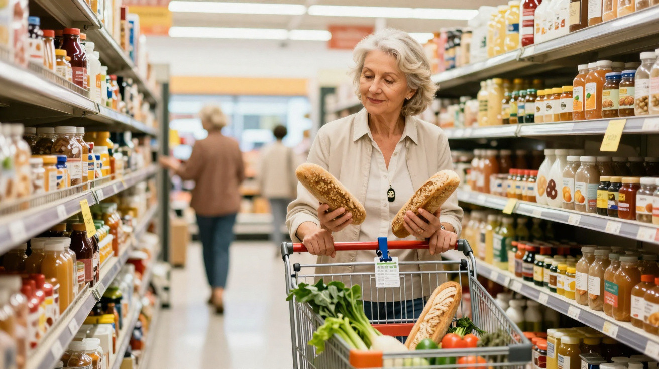 Mulher idosa a escolher pão na secção de supermercado, carrinho com legumes e pão.