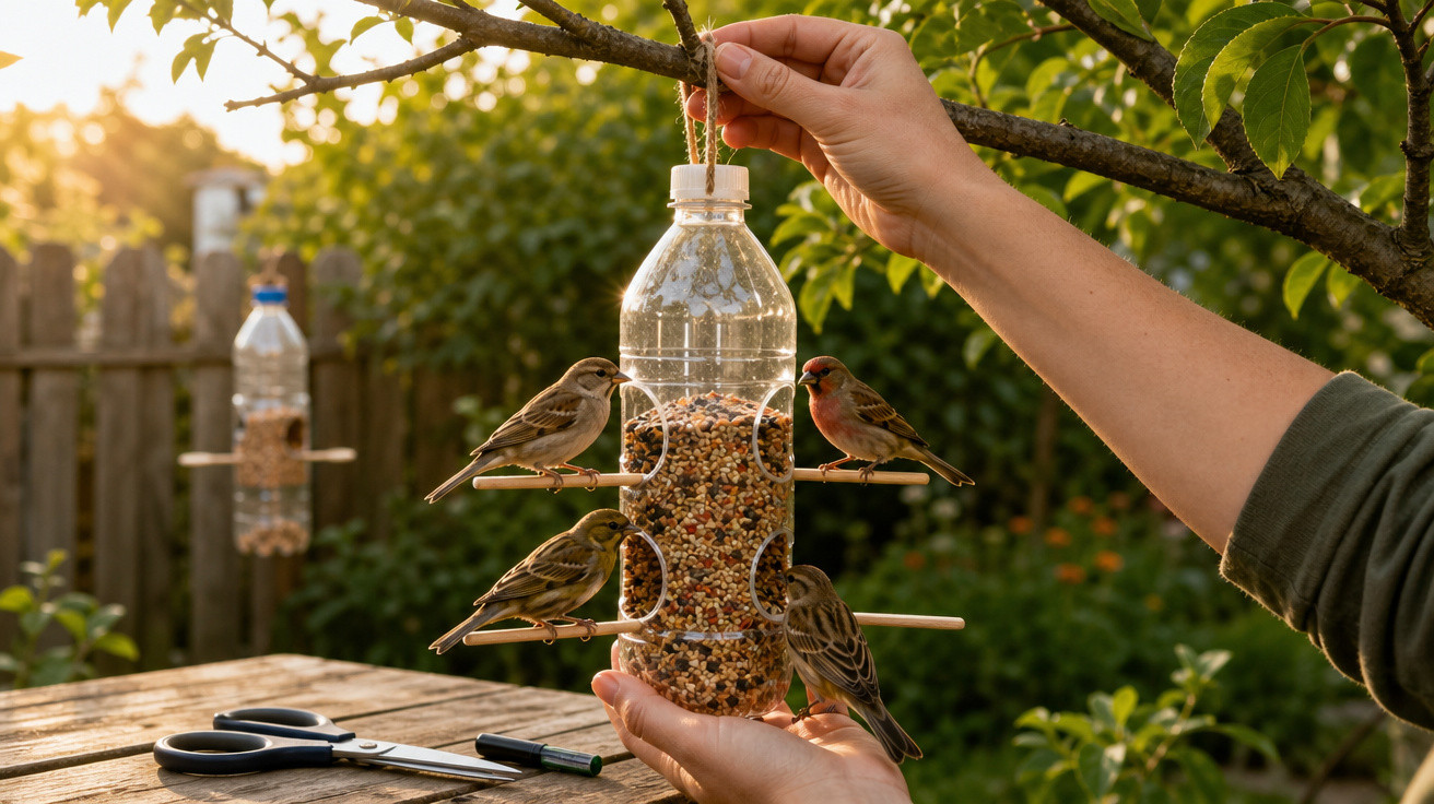 Mãos penduram comedouro artesanal de garrafa com sementes para pássaros em árvore, com quatro pássaros a alimentar-se.