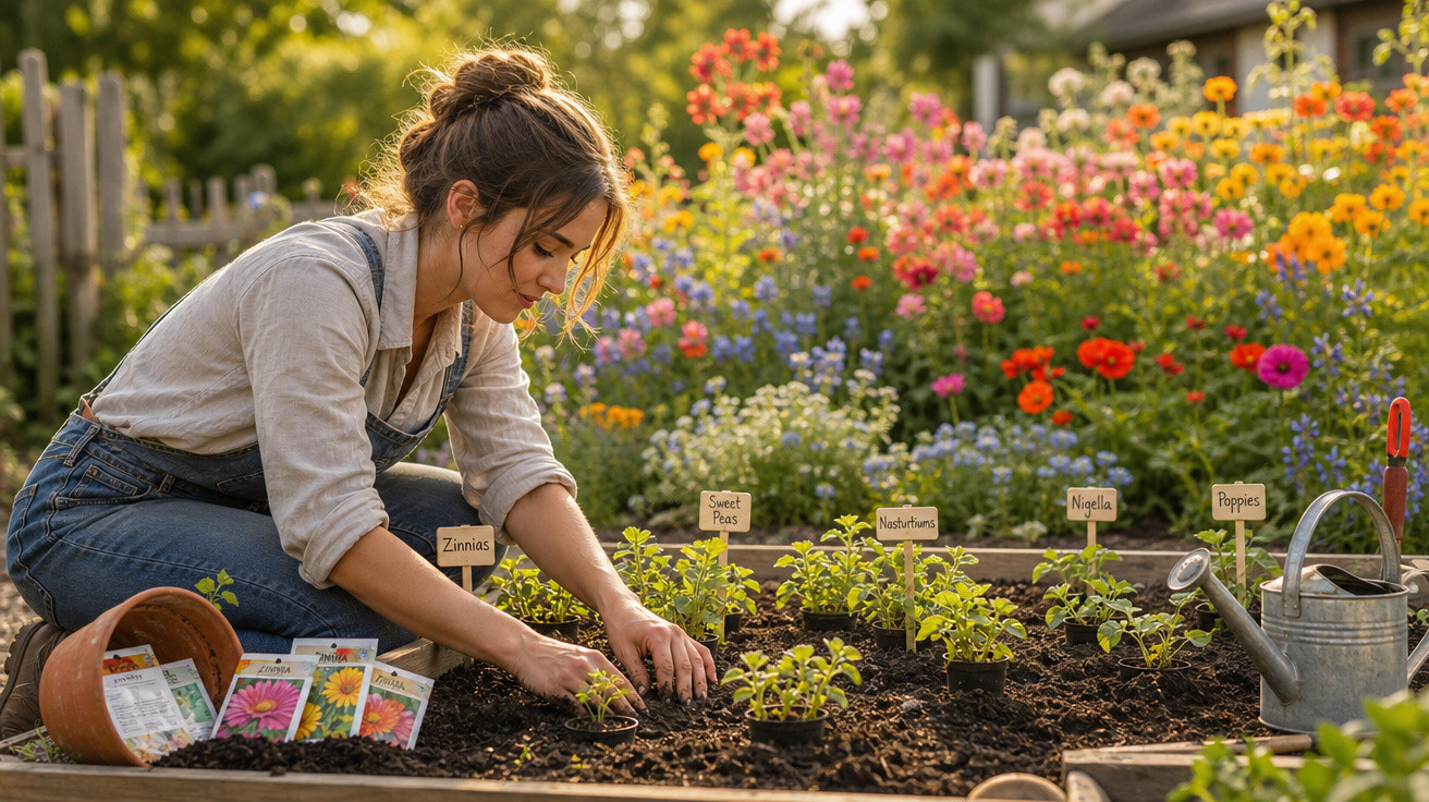 Mulher a plantar flores num jardim com várias plantas identificadas e regador metálico ao lado.