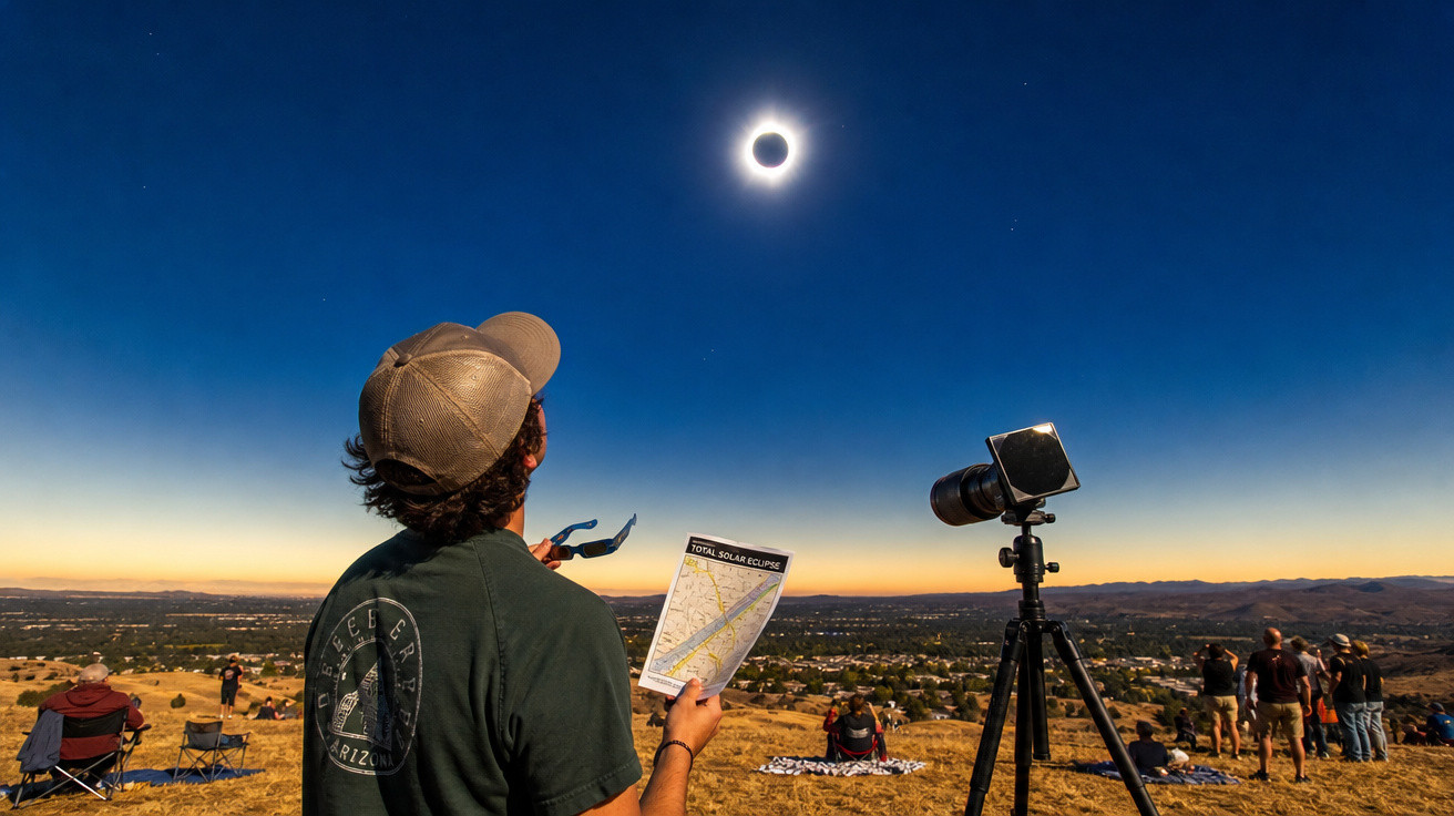 Pessoa com mapa observa eclipse solar total no céu, com grupo de pessoas e cidade ao fundo.
