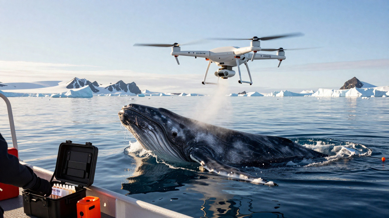 Drone capturando imagens de uma baleia a emergir perto de um barco em águas geladas com icebergs.
