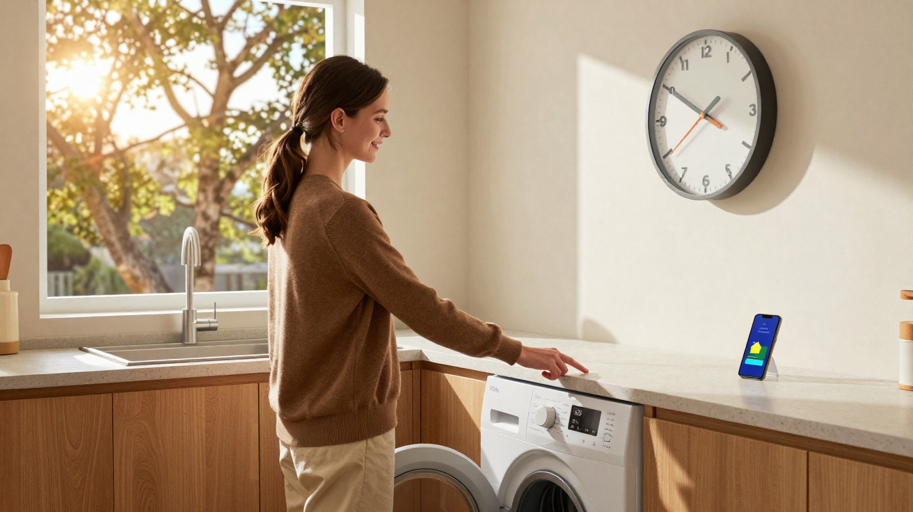 Mulher a usar uma máquina de lavar roupa na cozinha com relógio na parede e telemóvel num suporte.