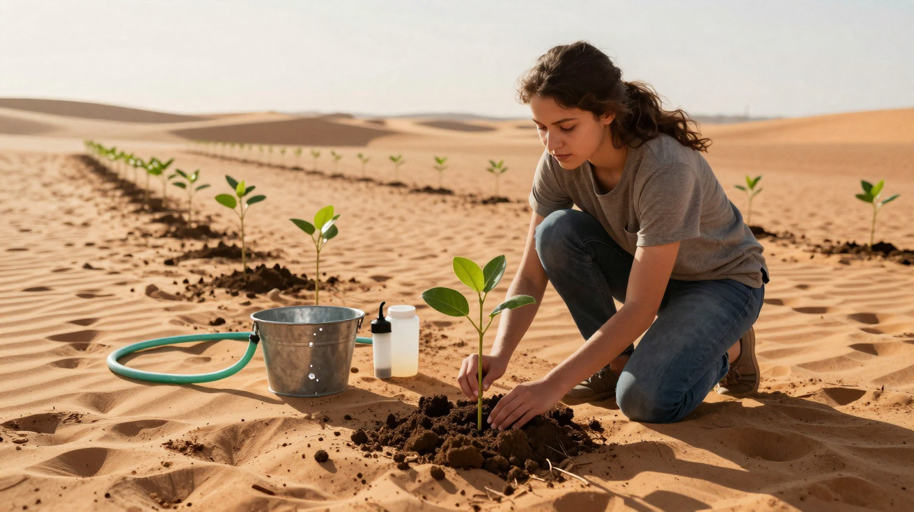 Jovem a plantar uma árvore jovem no deserto com regador e balde ao lado, céu claro ao fundo.
