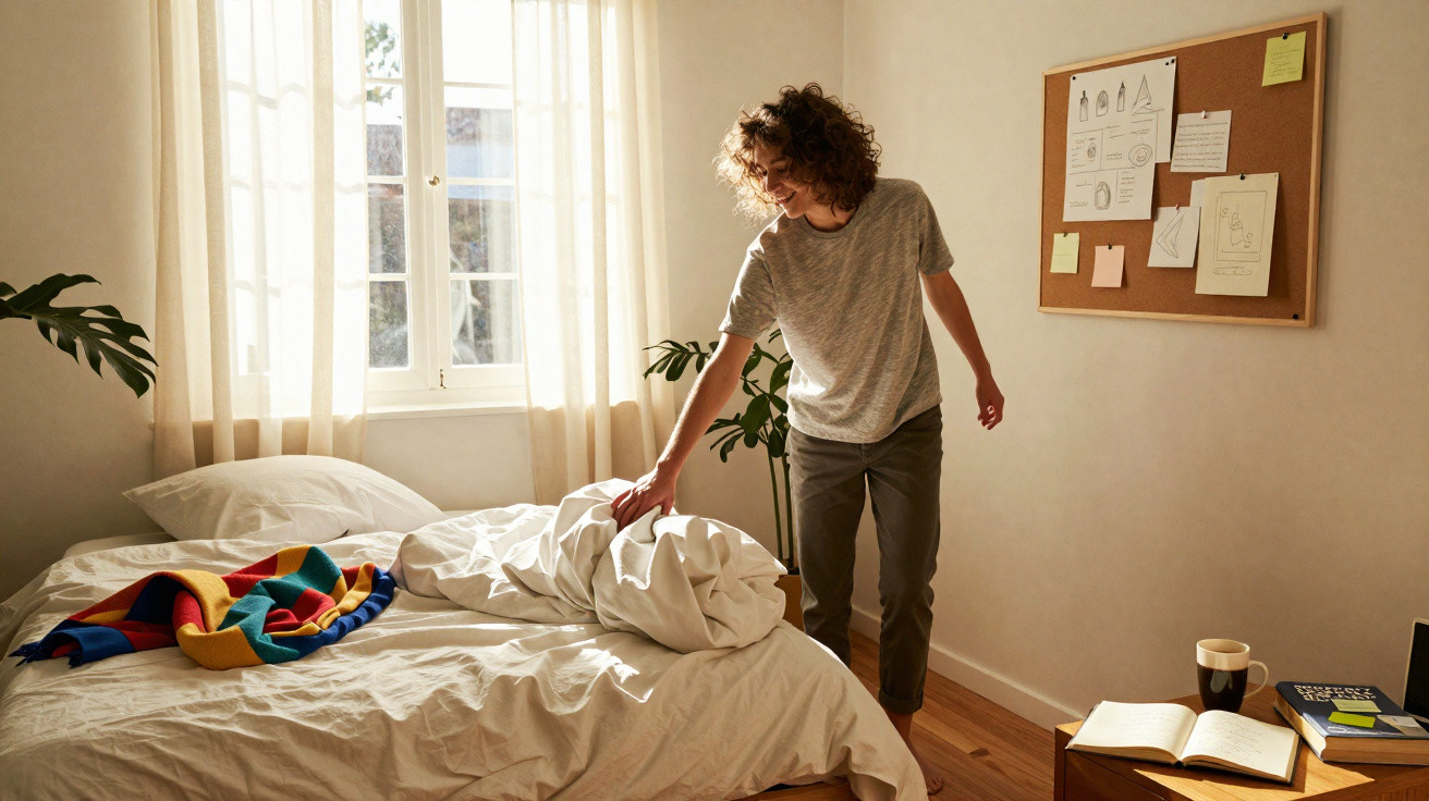 Pessoa a fazer a cama em quarto iluminado por janela com cortinas brancas e decoração simples.
