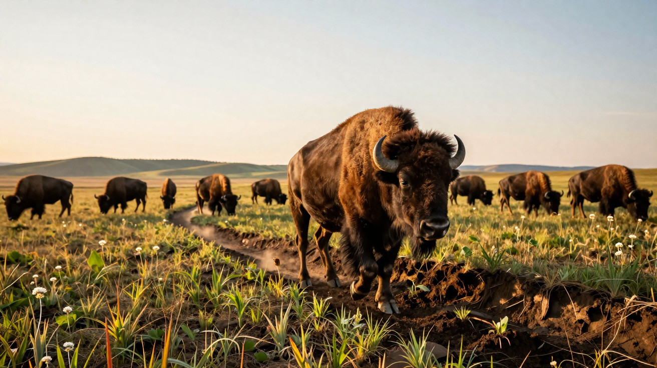Manada de bisontes a pastar numa planície com céu limpo ao amanhecer.