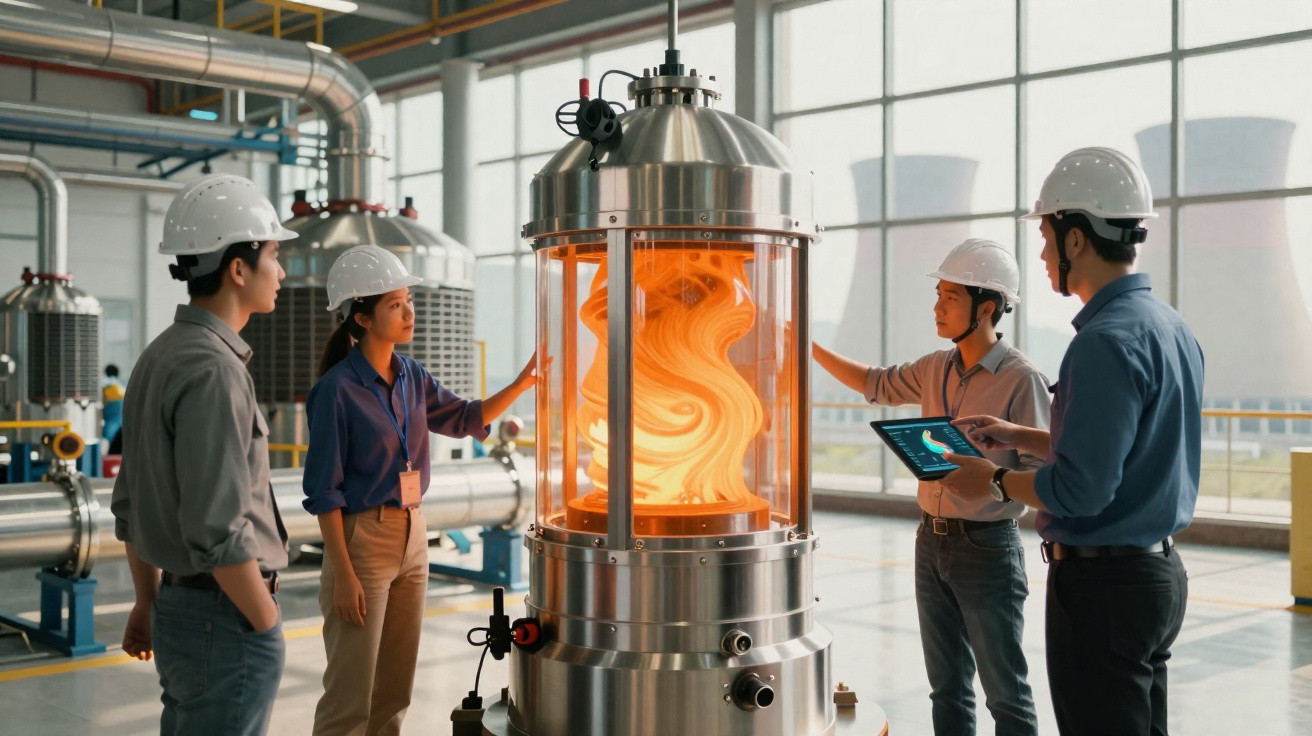 Quatro engenheiros com capacetes observam equipamento industrial com chama laranja num laboratório moderno.