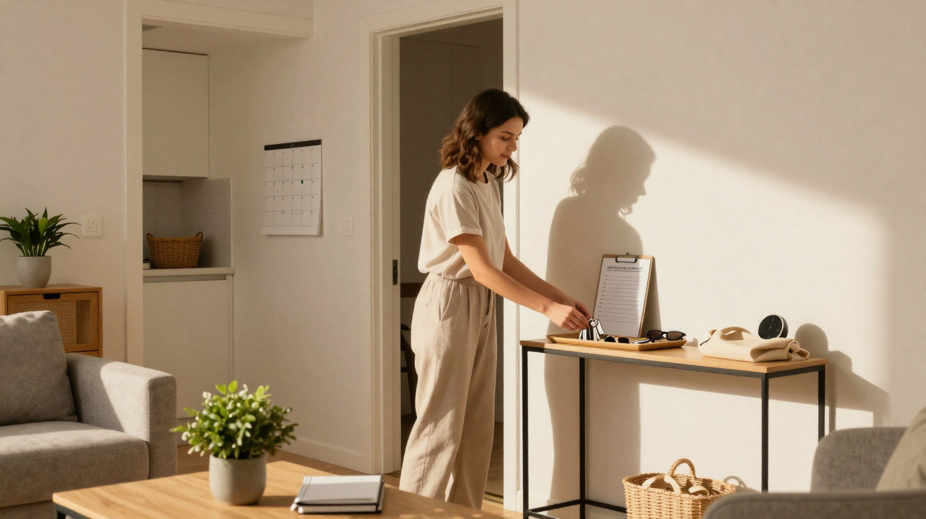 Mulher a apanhar os óculos numa consola num quarto iluminado com decoração minimalista e plantas.