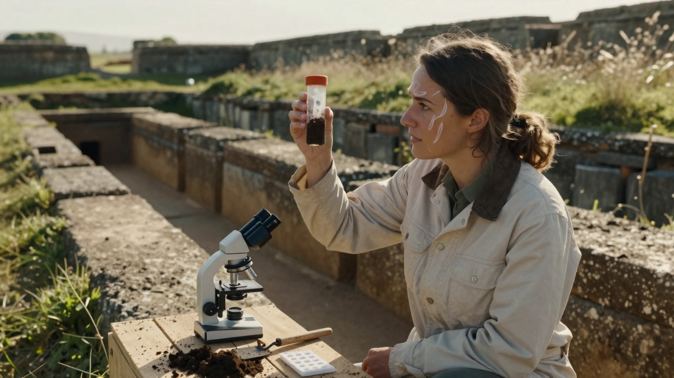 Mulher cientista analisa amostra de solo ao ar livre com microscópio e acessórios numa escavação arqueológica.
