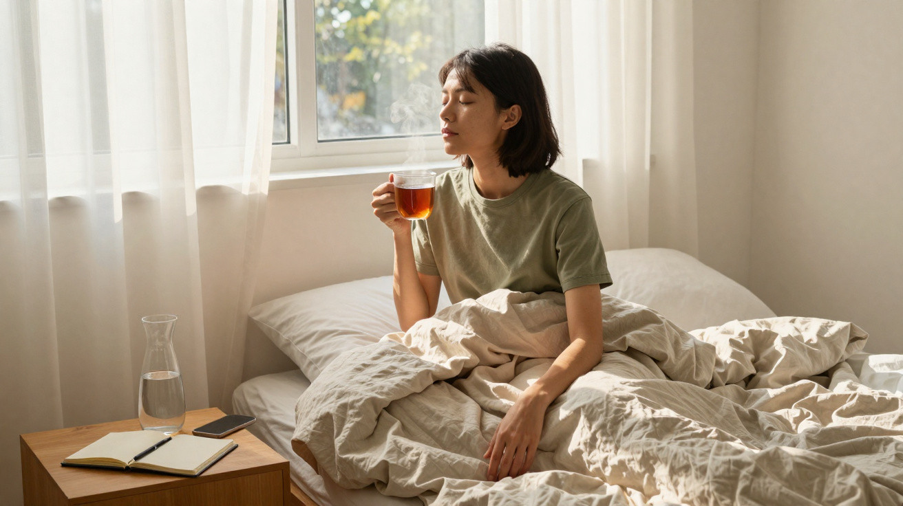 Mulher sentada na cama a beber chá perto da janela com luz natural, rodeada por cobertores claros.