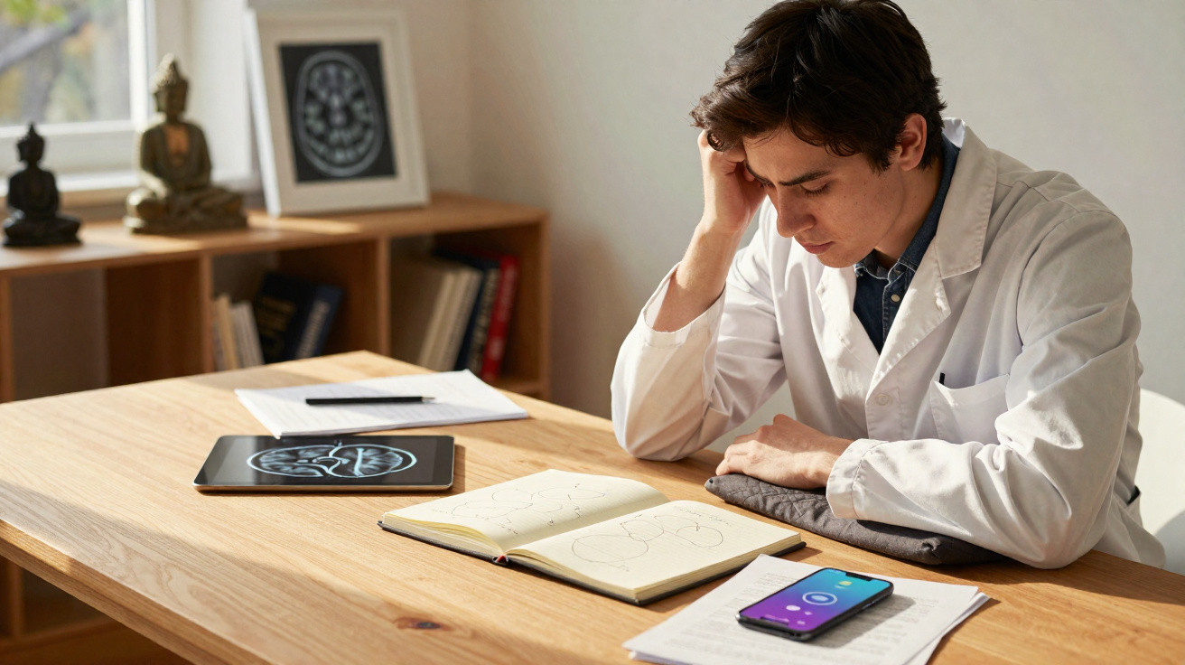 Homem de bata branca sentado à mesa a estudar desenhos de cérebro em caderno e tablet, com telemóvel e papéis.