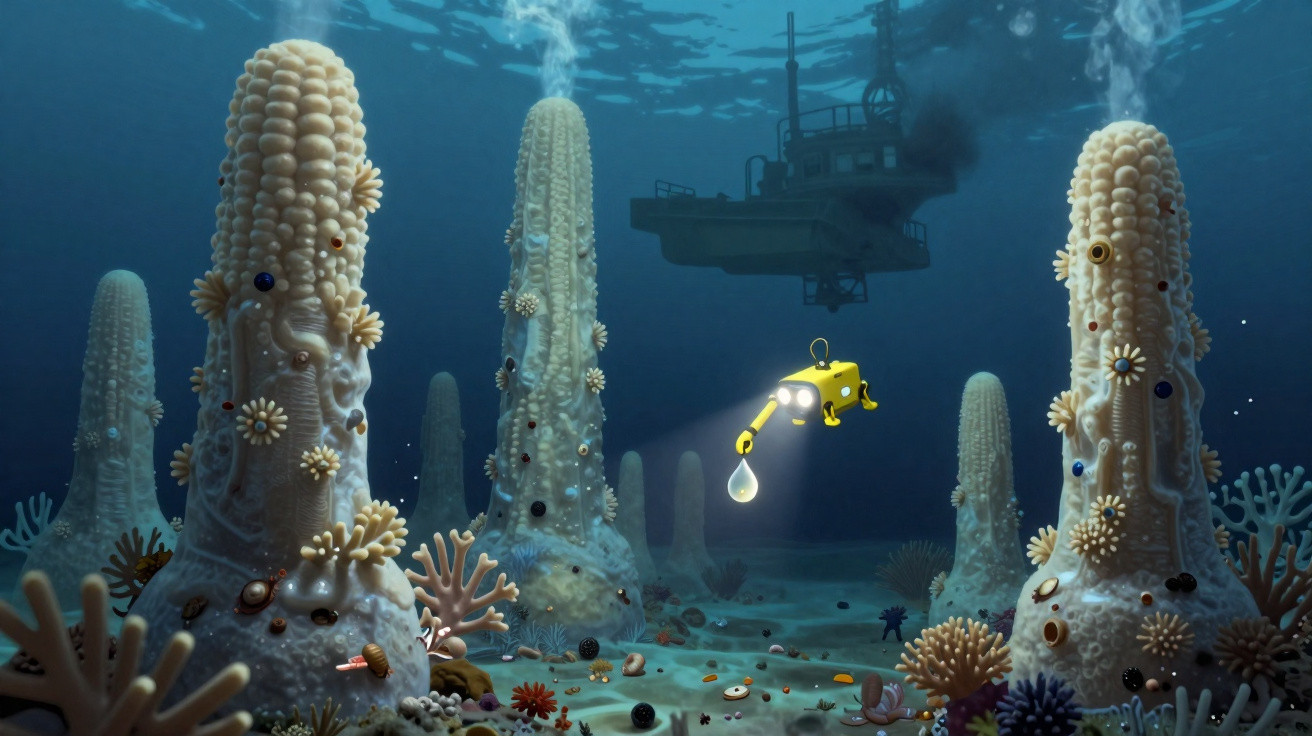 Submarino amarelo explora formações corais altas sob a água, com navio a flutuar na superfície iluminada.