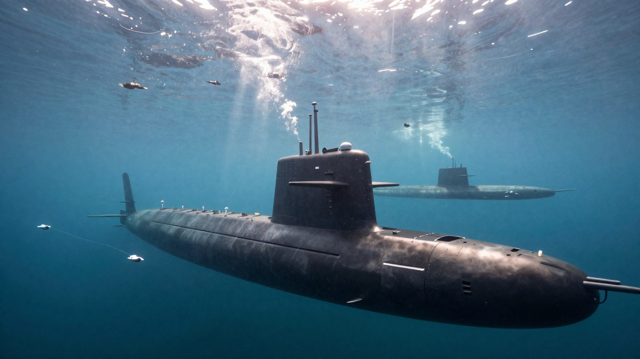 Dois submarinos negros submersos em água clara, com luz solar filtrada na superfície.
