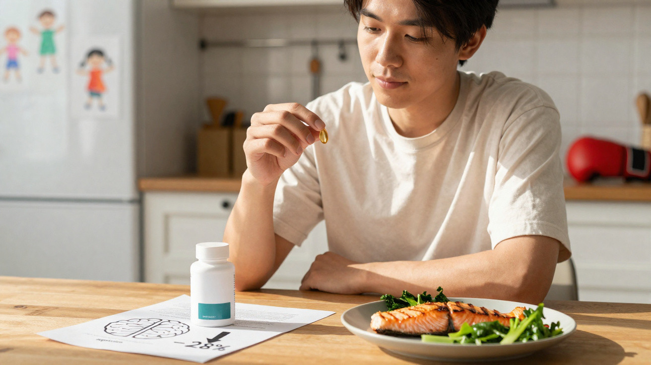 Homem sentado à mesa a segurar cápsula de suplemento com prato de salmão e legumes à frente.