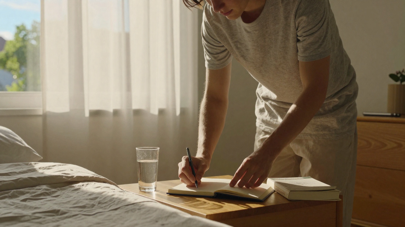 Homem a escrever num caderno em cima de uma mesa de cabeceira junto a um copo de água, num quarto iluminado pelo sol.