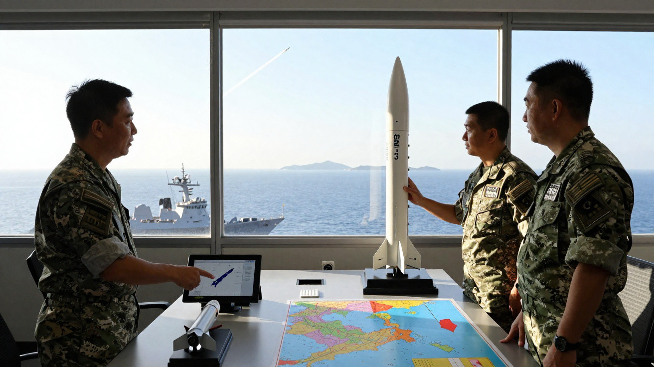 Três militares em uniforme discutem estratégia junto a mapas e modelos de mísseis numa sala com vista para o mar.