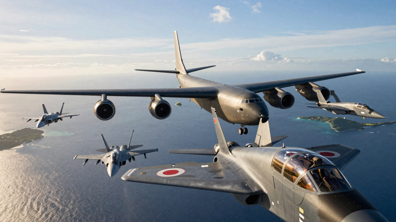 Formação de cinco aviões militares a voar sobre o oceano, com ilha ao fundo e céu limpo.