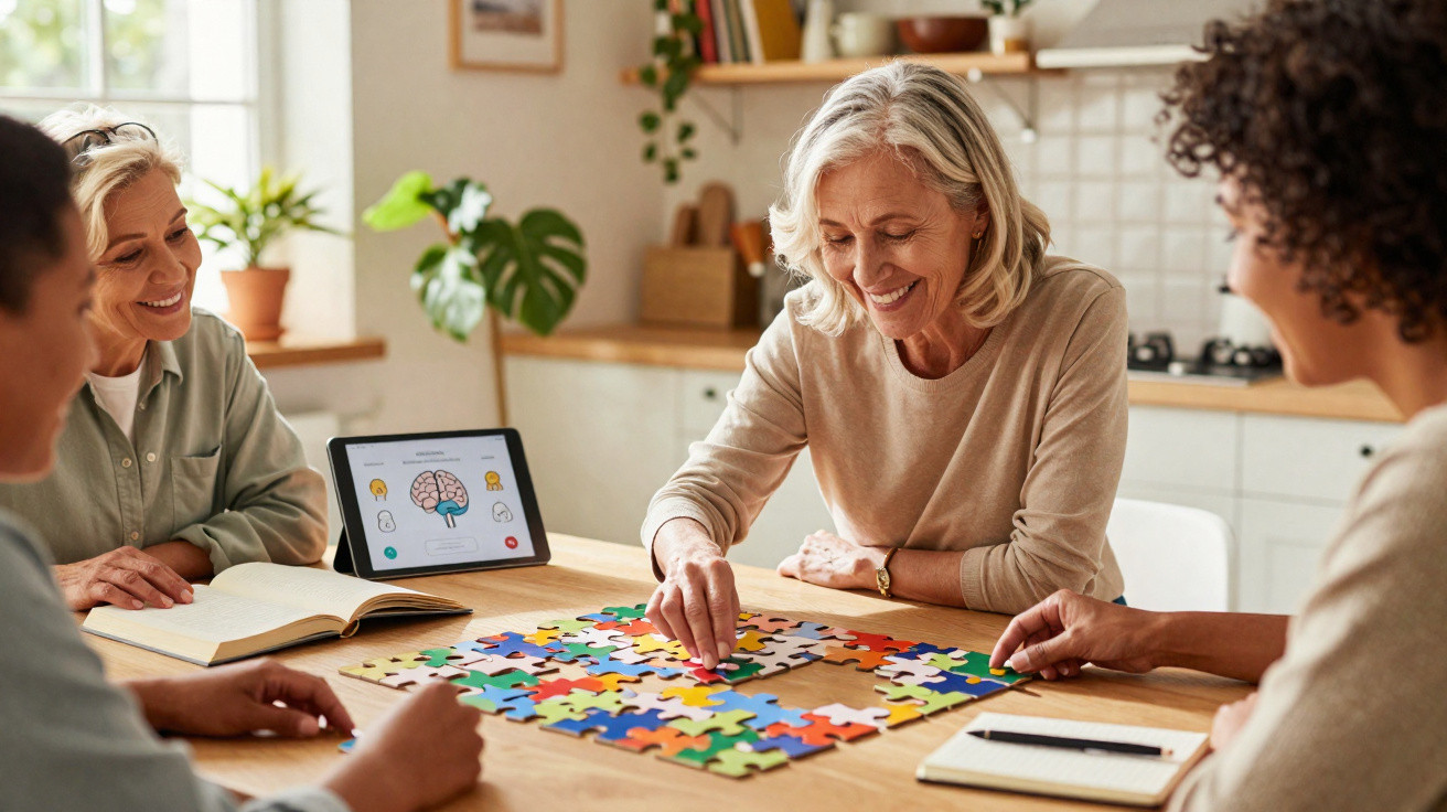 Três mulheres sentadas à mesa montam um puzzle colorido numa sala com janela e plantas.