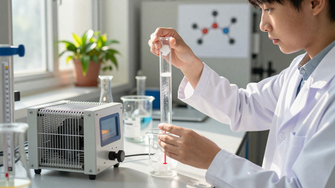 Cientista com bata branca a manipular material de laboratório e medir líquido em proveta num laboratório iluminado.