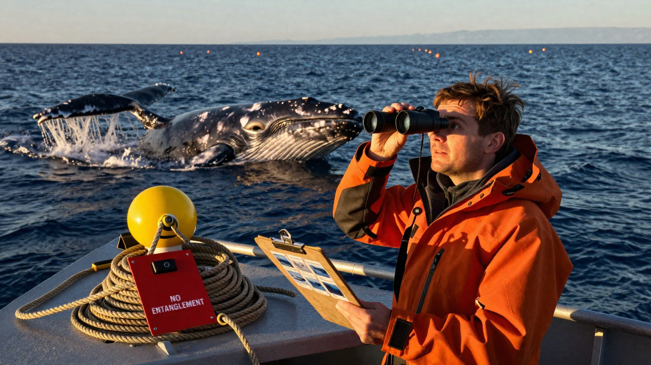 Homem de casaco laranja observa baleia com binóculos a partir de barco no mar calmo ao entardecer.