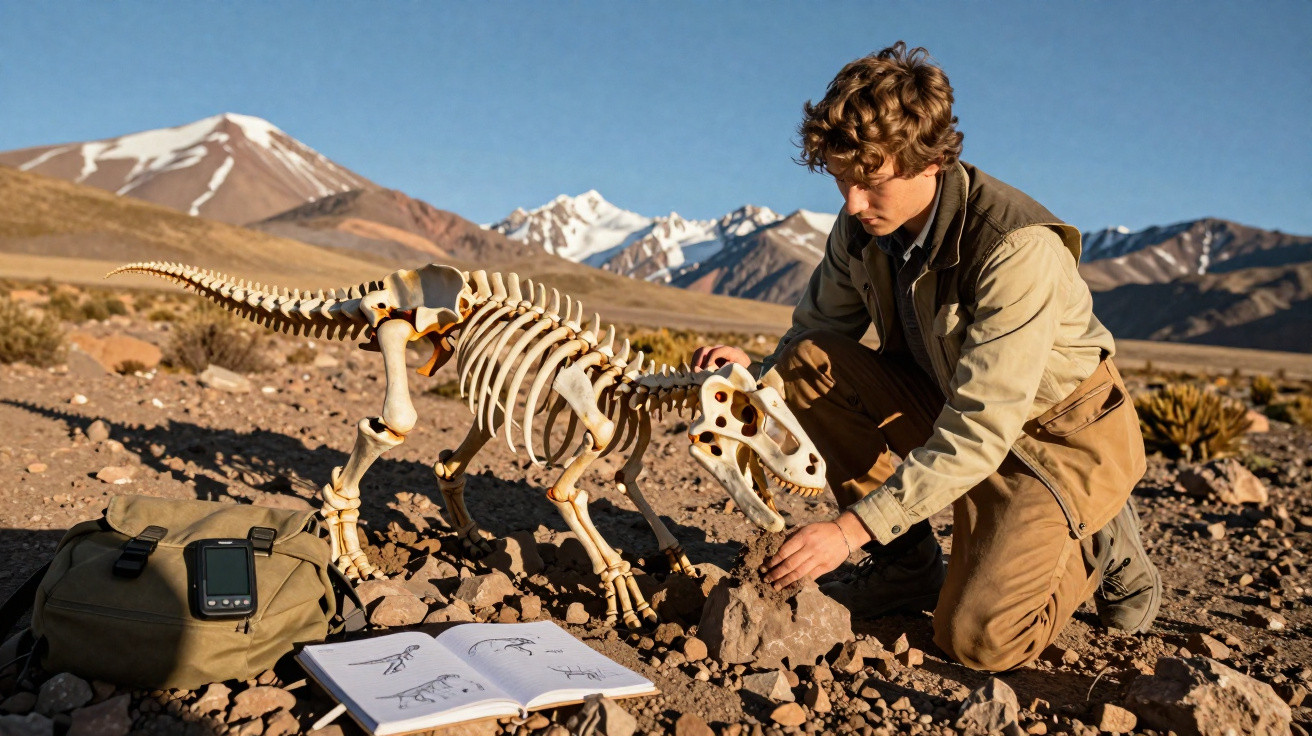 Jovem examina fóssil de dinossauro no deserto com montanhas e neve ao fundo, junto a mochila e livro aberto.