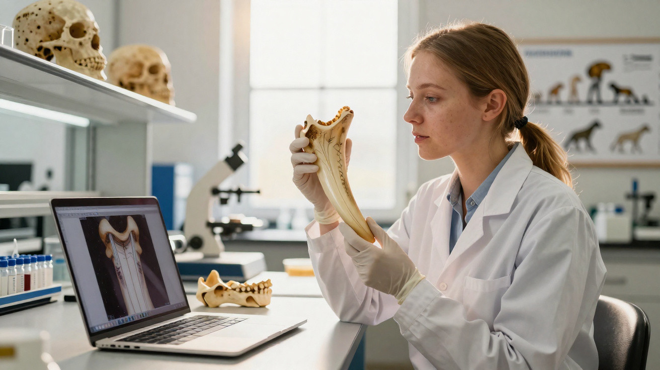Cientista em laboratório analisa mandíbula enquanto compara com imagem digital no computador.