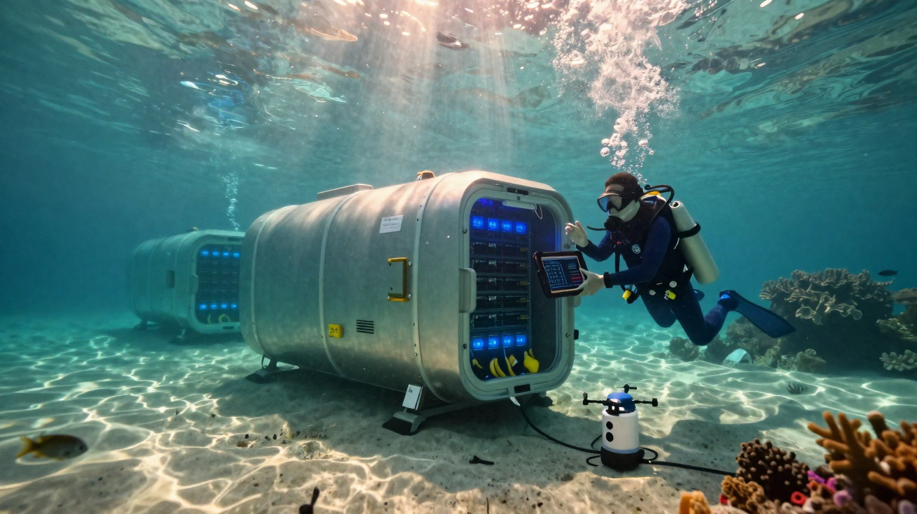 Mergulhador a interagir com equipamento tecnológico submerso no fundo do mar junto a recifes de coral.