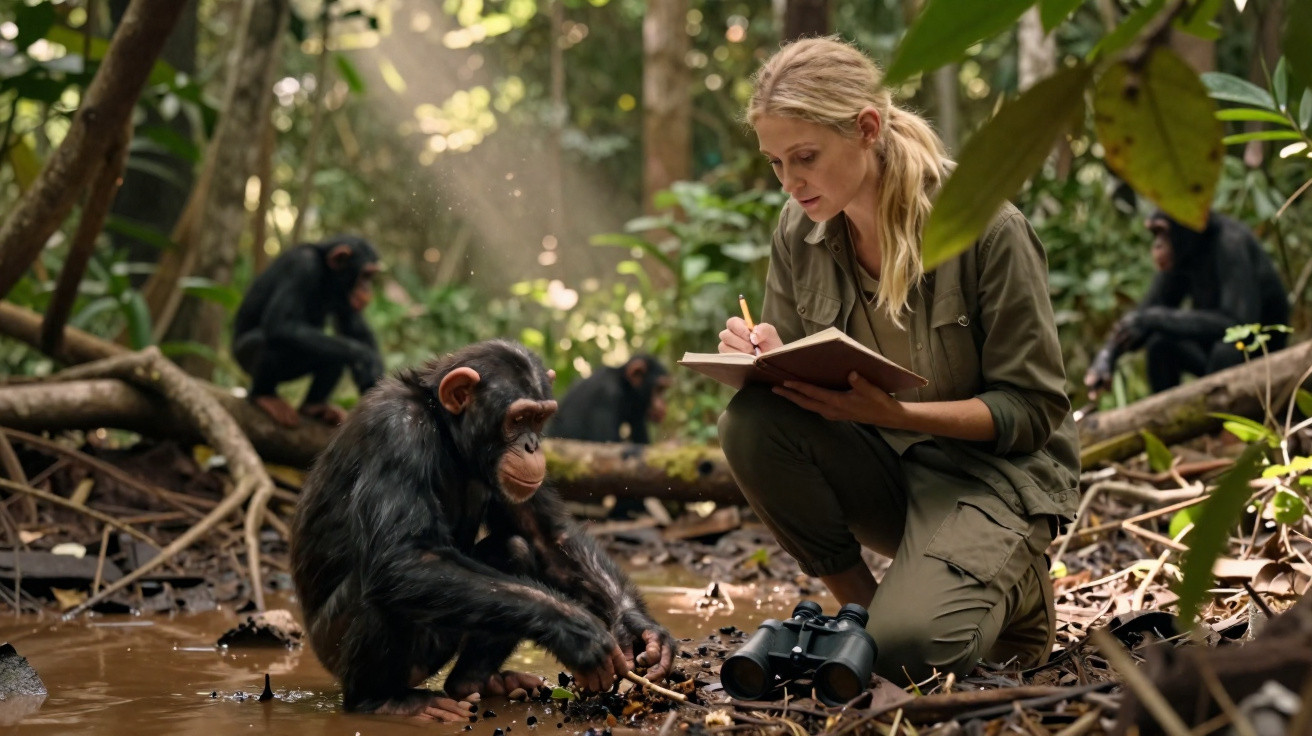 Mulher a observar e a escrever num caderno junto a um chimpanzé numa floresta densa e húmida.