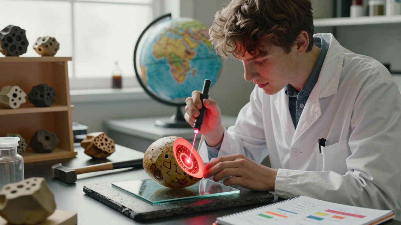 Jovem cientista em bata branca analisa e projeta luz vermelha em esfera com inscrições numa bancada de laboratório.
