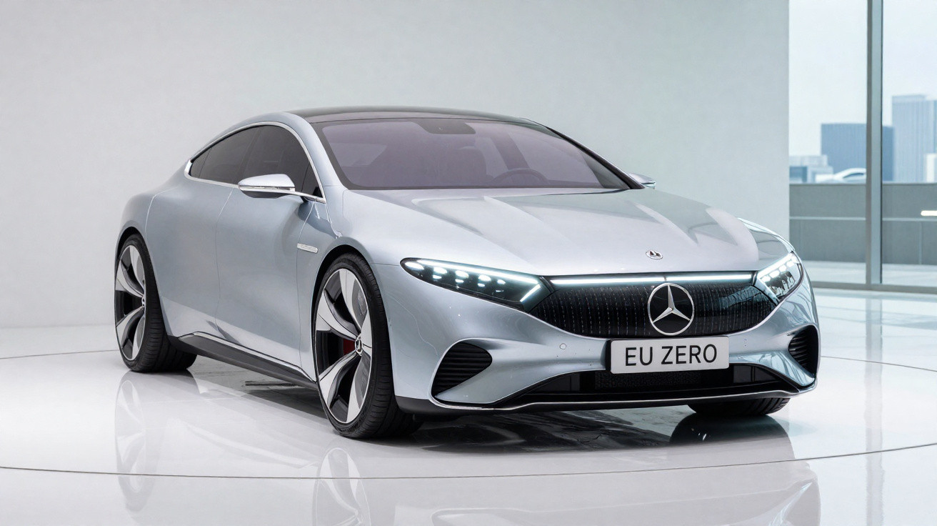 Carro elétrico Mercedes-Benz prateado com design futurista estacionado em ambiente minimalista interior.