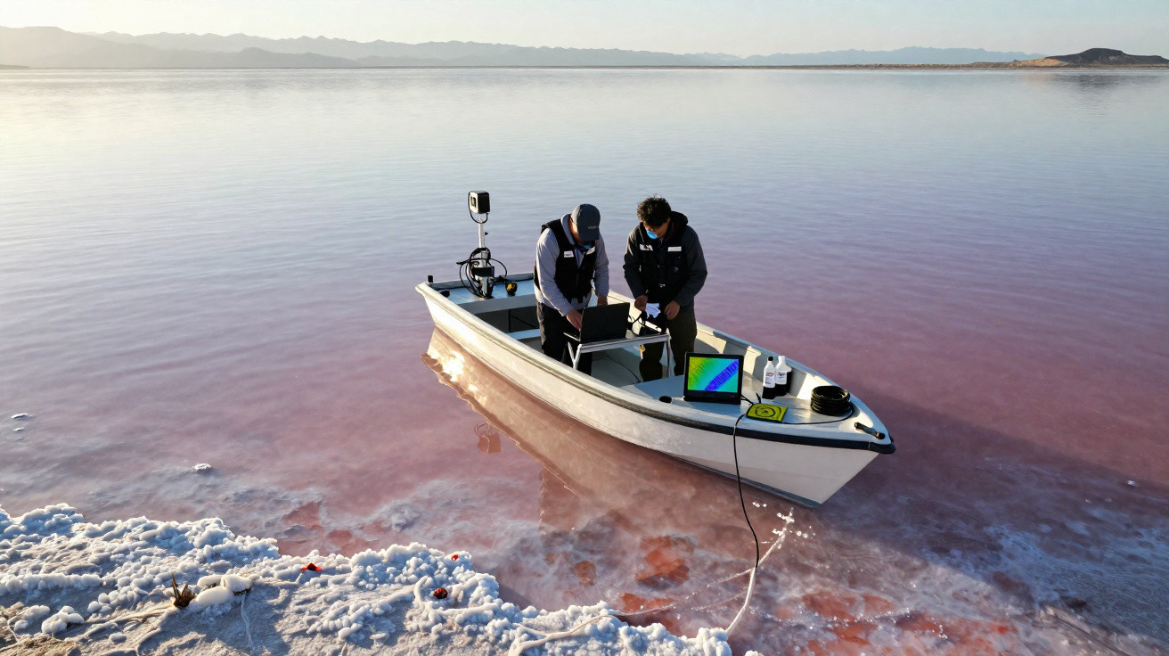 Dois investigadores em coletes trabalham com equipamentos num barco pequeno num lago salgado de água rosada.