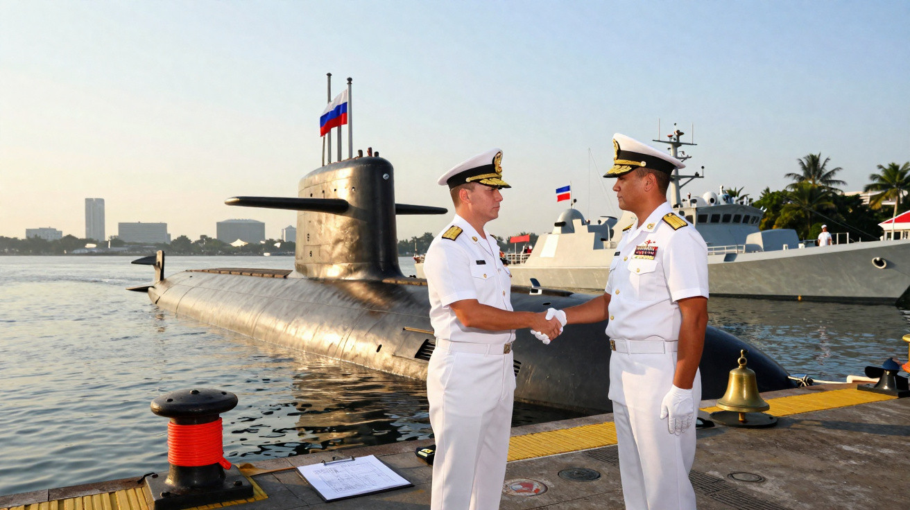Dois oficiais navais em uniformes brancos a apertar as mãos numa doca com submarino e navios ao fundo.
