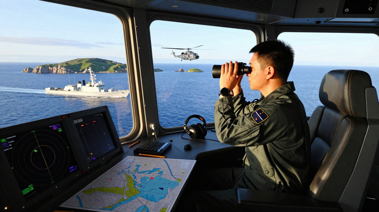 Militar em ponte de comando observa com binóculos helicóptero e navio perto de ilhas no mar.