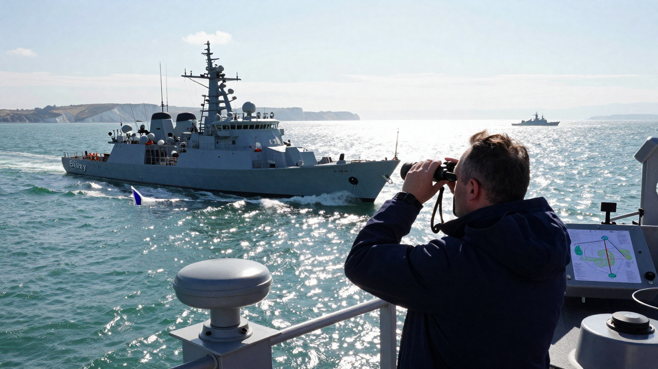 Homem observa navio de guerra com binóculos, mar calmo e ilha ao fundo em dia ensolarado.