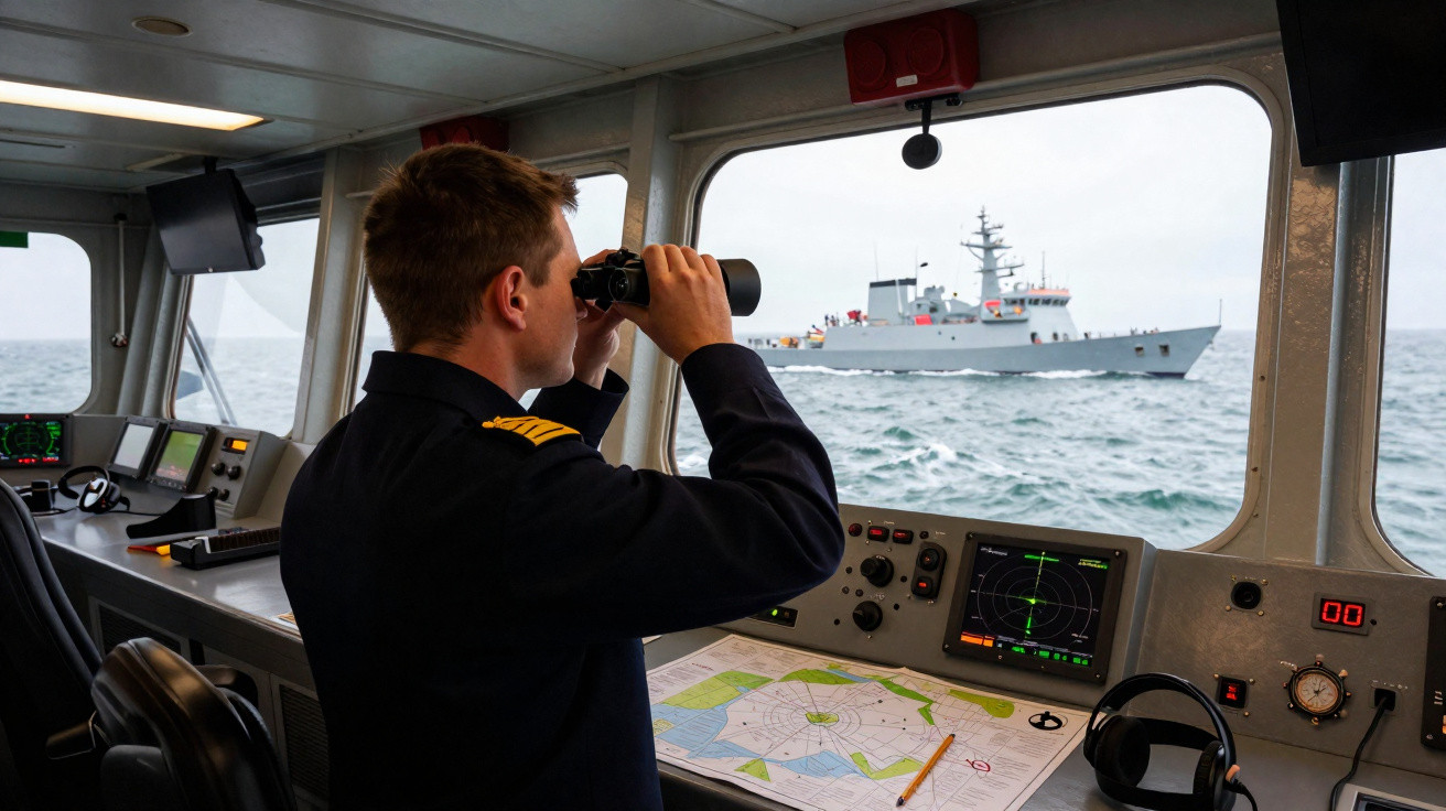 Militar observa navio de guerra no mar através da janela, usando binóculos no interior da ponte de comando.