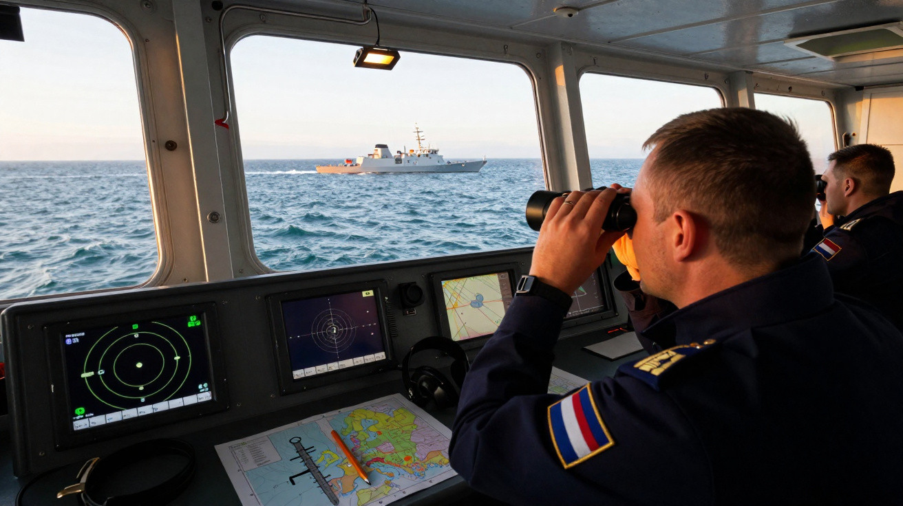 Dois marinheiros numa ponte de comando observam um navio em alto mar com binóculos e radares.