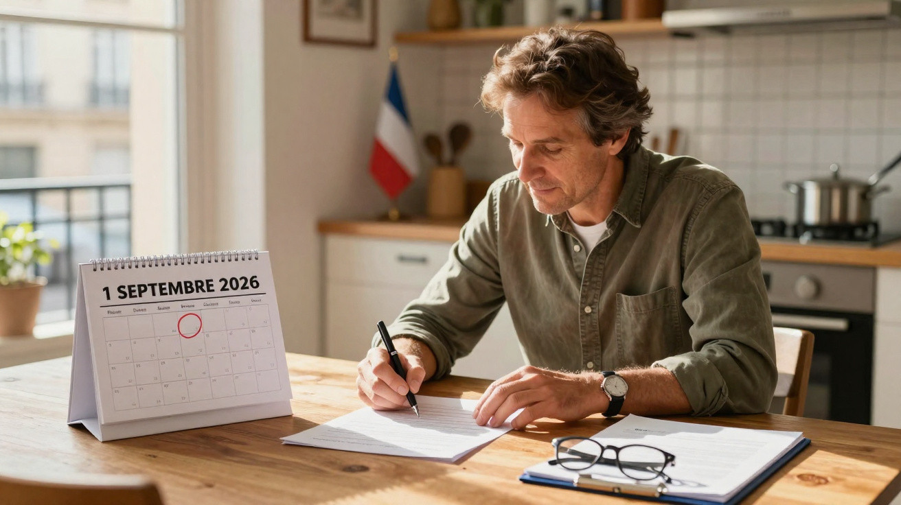 Homem sentado a escrever numa folha com calendário assinalado a 1 de setembro de 2026 numa cozinha.