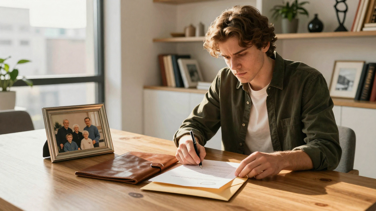 Jovem sentado a escrever num documento numa mesa de madeira com uma fotografia de família ao lado.
