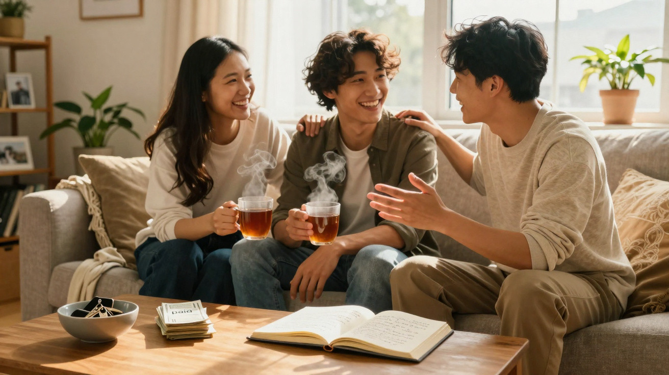 Três amigos sentados no sofá, a conversar e a beber chá quente numa sala acolhedora e iluminada.
