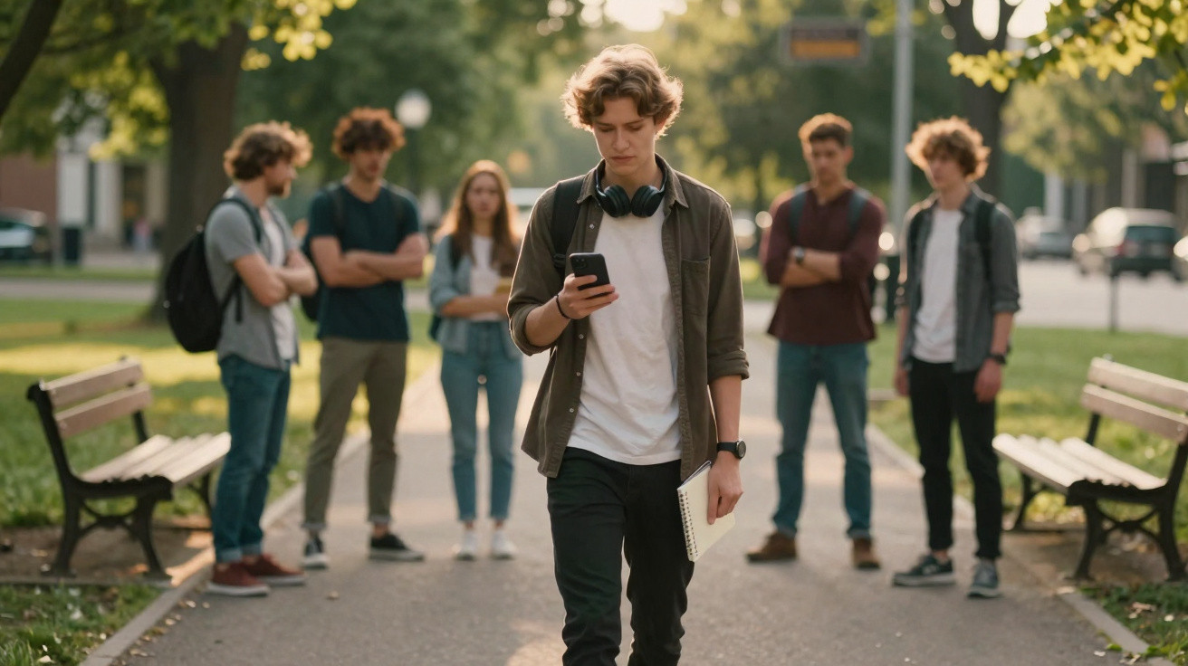 Jovem a caminhar sozinho num parque, olhando para o telemóvel, com grupo de pessoas ao fundo parado.
