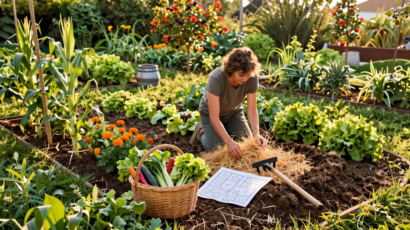 Pessoa a cuidar de um canteiro num jardim com diversas plantas e legumes, com cesta de colheita ao lado.