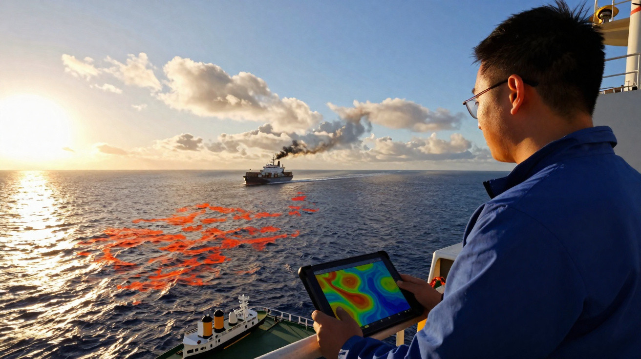 Homem observa tablet com mapa térmico no convés de navio, com outro navio e mar ao pôr do sol ao fundo.